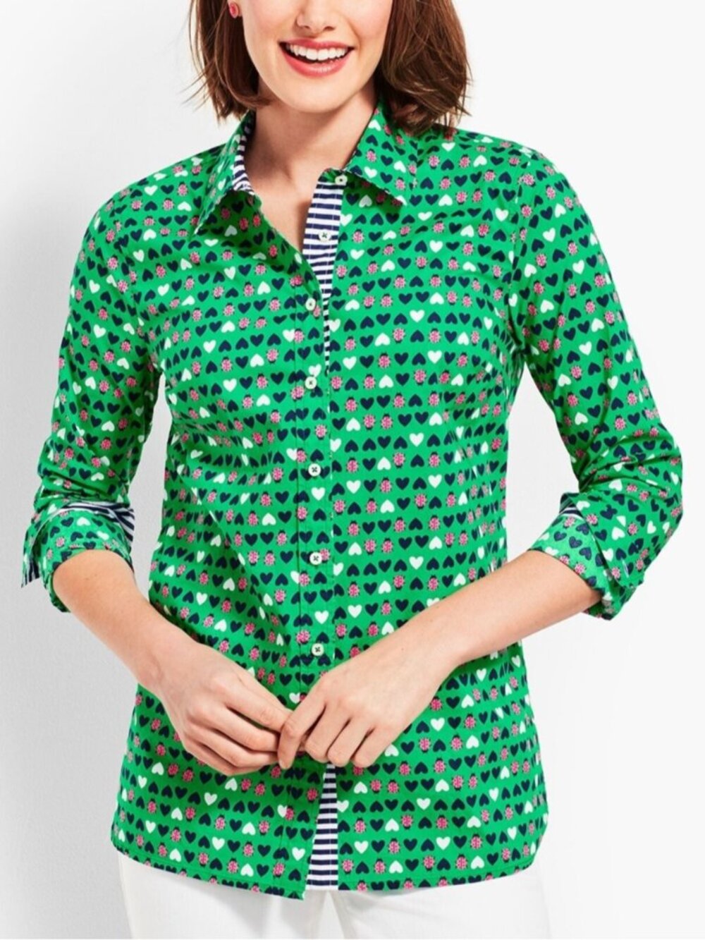 Talbots Ladybug Heart Button Front Shirt Size XL Green
